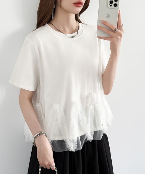 COCOMOMO（ココモモ）の「チュールフリルTシャツ チュールドッキング トップス チュールフリル トップス 半袖 カットソー レイヤード フリルトップス 夏服（Tシャツ/カットソー・レディース・ブラック/ホワイト/ライトグレー・FREE）」の8枚目の写真