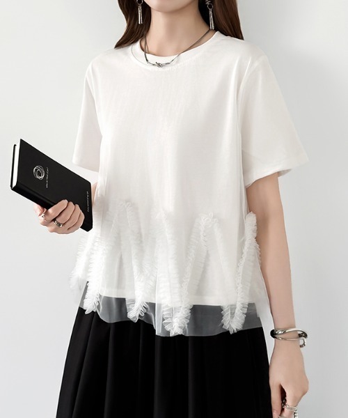 COCOMOMO（ココモモ）の「チュールフリルTシャツ チュールドッキング トップス チュールフリル トップス 半袖 カットソー レイヤード フリルトップス 夏服（Tシャツ/カットソー・レディース・ブラック/ホワイト/ライトグレー・FREE）」の10枚目の写真