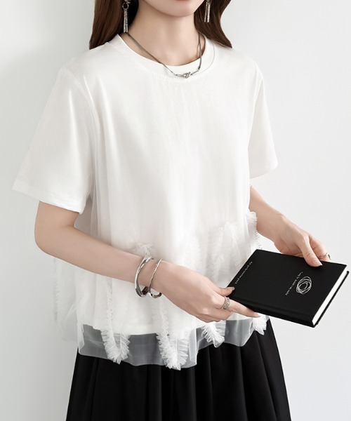 COCOMOMO（ココモモ）の「チュールフリルTシャツ チュールドッキング トップス チュールフリル トップス 半袖 カットソー レイヤード フリルトップス 夏服（Tシャツ/カットソー・レディース・ブラック/ホワイト/ライトグレー・FREE）」の22枚目の写真