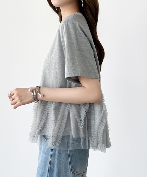 COCOMOMO（ココモモ）の「チュールフリルTシャツ チュールドッキング トップス チュールフリル トップス 半袖 カットソー レイヤード フリルトップス 夏服（Tシャツ/カットソー・レディース・ブラック/ホワイト/ライトグレー・FREE）」の13枚目の写真