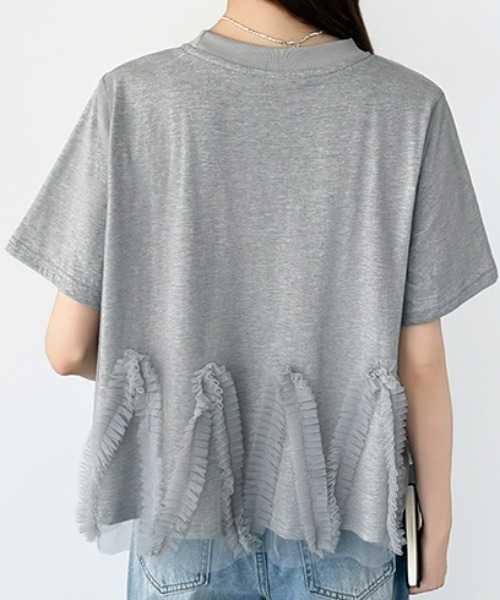 COCOMOMO（ココモモ）の「チュールフリルTシャツ チュールドッキング トップス チュールフリル トップス 半袖 カットソー レイヤード フリルトップス 夏服（Tシャツ/カットソー・レディース・ブラック/ホワイト/ライトグレー・FREE）」の15枚目の写真