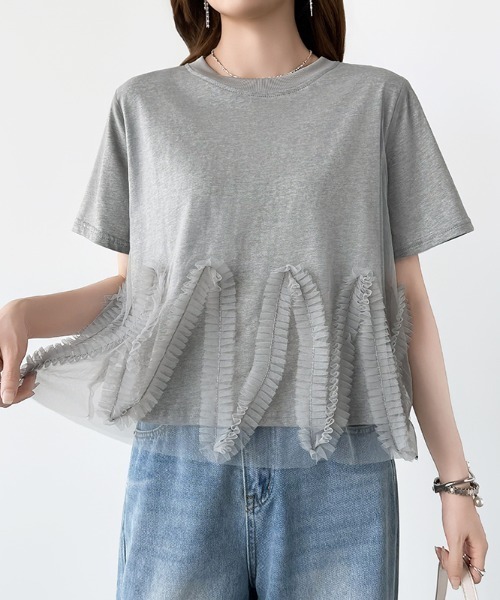 COCOMOMO（ココモモ）の「チュールフリルTシャツ チュールドッキング トップス チュールフリル トップス 半袖 カットソー レイヤード フリルトップス 夏服（Tシャツ/カットソー・レディース・ブラック/ホワイト/ライトグレー・FREE）」の14枚目の写真