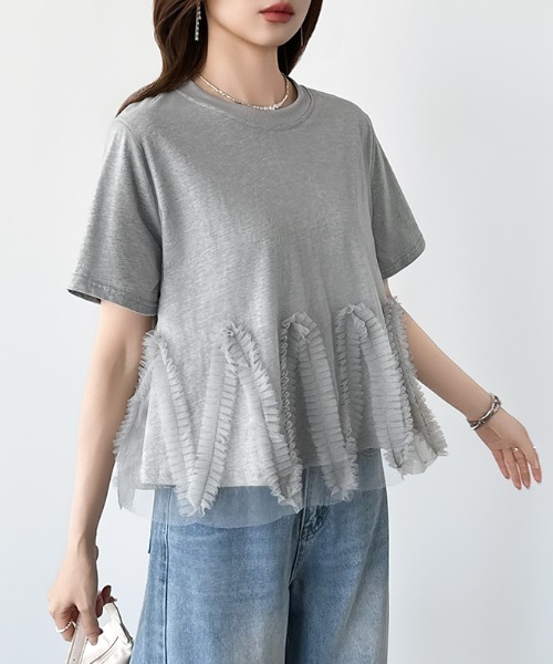 COCOMOMO（ココモモ）の「チュールフリルTシャツ チュールドッキング トップス チュールフリル トップス 半袖 カットソー レイヤード フリルトップス 夏服（Tシャツ/カットソー・レディース・ブラック/ホワイト/ライトグレー・FREE）」の12枚目の写真