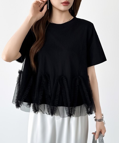 COCOMOMO（ココモモ）の「チュールフリルTシャツ チュールドッキング トップス チュールフリル トップス 半袖 カットソー レイヤード フリルトップス 夏服（Tシャツ/カットソー・レディース・ブラック/ホワイト/ライトグレー・FREE）」の19枚目の写真