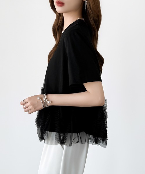 COCOMOMO（ココモモ）の「チュールフリルTシャツ チュールドッキング トップス チュールフリル トップス 半袖 カットソー レイヤード フリルトップス 夏服（Tシャツ/カットソー・レディース・ブラック/ホワイト/ライトグレー・FREE）」の6枚目の写真