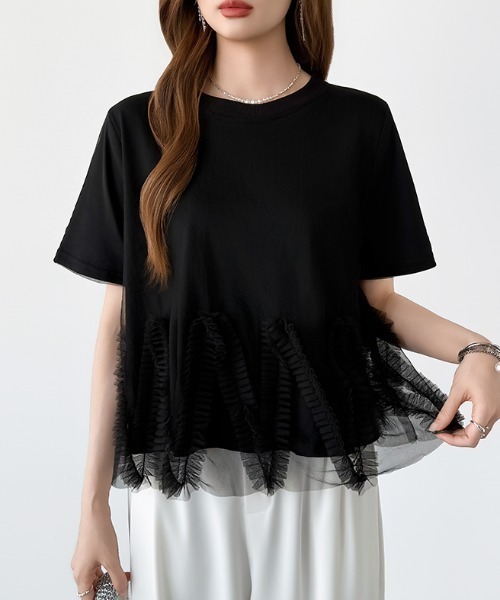 COCOMOMO（ココモモ）の「チュールフリルTシャツ チュールドッキング トップス チュールフリル トップス 半袖 カットソー レイヤード フリルトップス 夏服（Tシャツ/カットソー・レディース・ブラック/ホワイト/ライトグレー・FREE）」の18枚目の写真