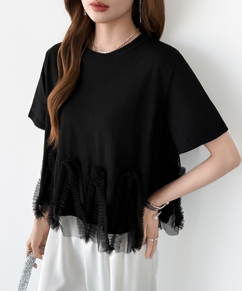 COCOMOMO（ココモモ）の「チュールフリルTシャツ チュールドッキング トップス チュールフリル トップス 半袖 カットソー レイヤード フリルトップス 夏服（Tシャツ/カットソー・レディース・ブラック/ホワイト/ライトグレー・FREE）」の5枚目の写真