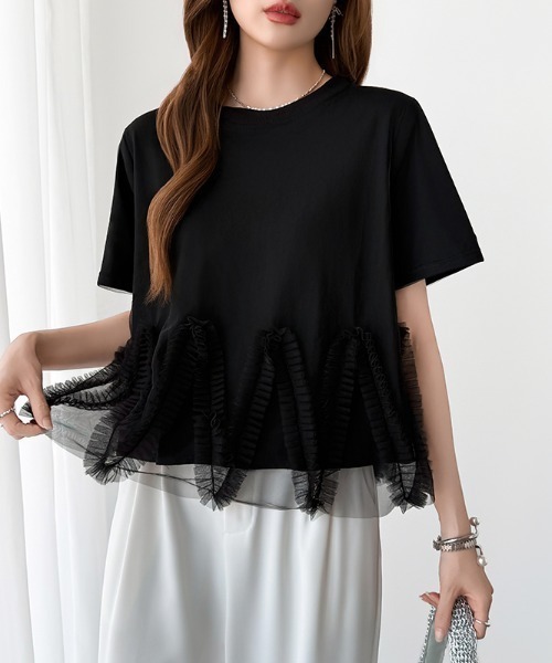 COCOMOMO（ココモモ）の「チュールフリルTシャツ チュールドッキング トップス チュールフリル トップス 半袖 カットソー レイヤード フリルトップス 夏服（Tシャツ/カットソー・レディース・ブラック/ホワイト/ライトグレー・FREE）」の4枚目の写真