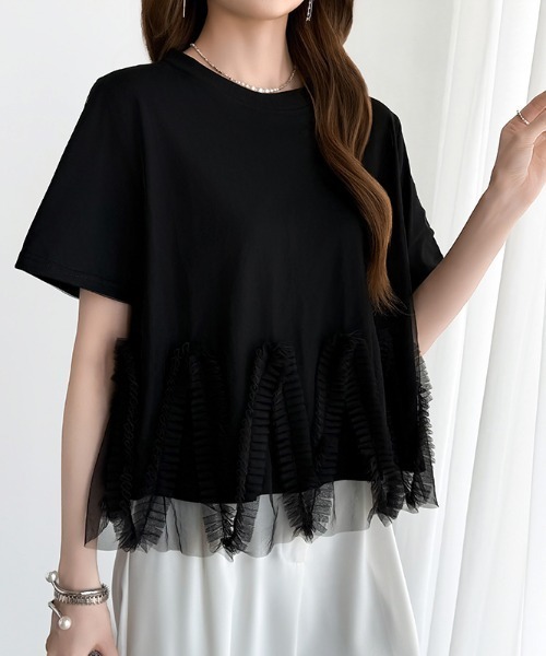 COCOMOMO（ココモモ）の「チュールフリルTシャツ チュールドッキング トップス チュールフリル トップス 半袖 カットソー レイヤード フリルトップス 夏服（Tシャツ/カットソー・レディース・ブラック/ホワイト/ライトグレー・FREE）」の17枚目の写真