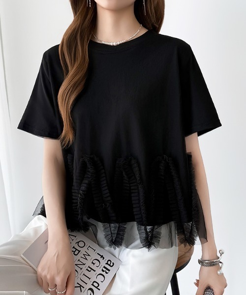 COCOMOMO（ココモモ）の「チュールフリルTシャツ チュールドッキング トップス チュールフリル トップス 半袖 カットソー レイヤード フリルトップス 夏服（Tシャツ/カットソー・レディース・ブラック/ホワイト/ライトグレー・FREE）」の16枚目の写真