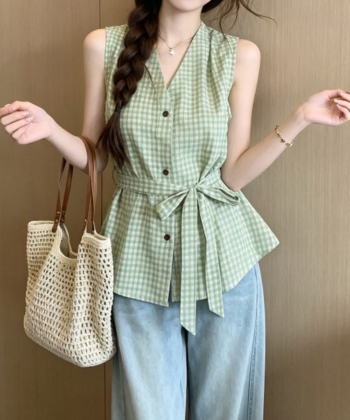 FAVORITO(ファヴォリート)の「ノースリーブチェック柄トップス(シャツ/ブラウス・レディース・ブラック/レッド/イエロー/グリーン・F)」の12枚目の写真