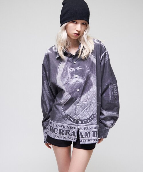 Sourcream(サワークリーム)の「【Sourcream/UNISEX】マルクス紙幣プリントシャツ(シャツ/ブラウス・メンズ・ベージュ/ブラック・FREE)」の3枚目の写真