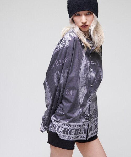 Sourcream(サワークリーム)の「【Sourcream/UNISEX】マルクス紙幣プリントシャツ(シャツ/ブラウス・メンズ・ベージュ/ブラック・FREE)」の4枚目の写真