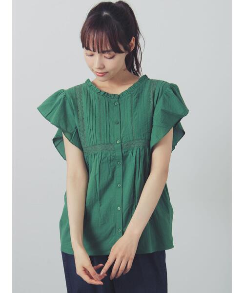 Samansa Mos2(サマンサ モスモス)の「前後2WAYフリル袖レースピンタックノースリブラウス(シャツ/ブラウス・レディース・オフホワイト/グリーン/ブラック・F)」の1枚目の写真