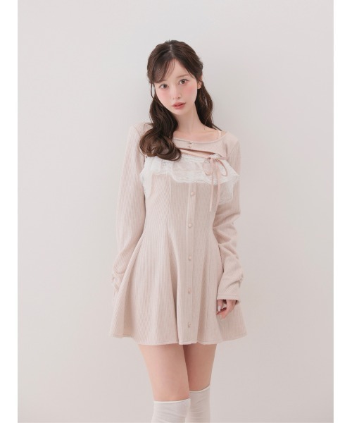 M me eme(エムミーエメ)の「Lace frill rib knit mini onepiece(eme11141)(ワンピース・レディース・グレー/アイボリー/ピンク・FREE)」の1枚目の写真