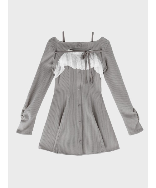 M me eme(エムミーエメ)の「Lace frill rib knit mini onepiece(eme11141)(ワンピース・レディース・グレー/アイボリー/ピンク・FREE)」の6枚目の写真
