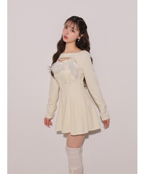 M me eme(エムミーエメ)の「Lace frill rib knit mini onepiece(eme11141)(ワンピース・レディース・グレー/アイボリー/ピンク・FREE)」の7枚目の写真