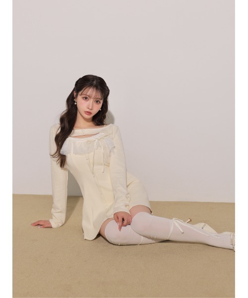 M me eme(エムミーエメ)の「Lace frill rib knit mini onepiece(eme11141)(ワンピース・レディース・グレー/アイボリー/ピンク・FREE)」の9枚目の写真