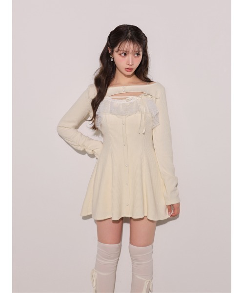 M me eme(エムミーエメ)の「Lace frill rib knit mini onepiece(eme11141)(ワンピース・レディース・グレー/アイボリー/ピンク・FREE)」の10枚目の写真