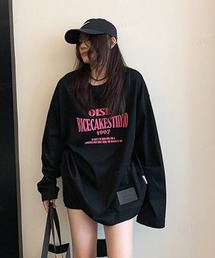 RICECAKE裾フェイクレザーラベル付きPINKロゴ長袖Tシャツ