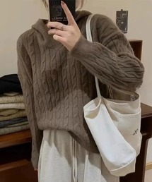 ケーブル編み オーバーサイズ フードニット