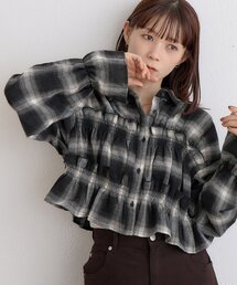 【WEB限定】先染めビエラ起毛シャーリングミニフリルブラウス