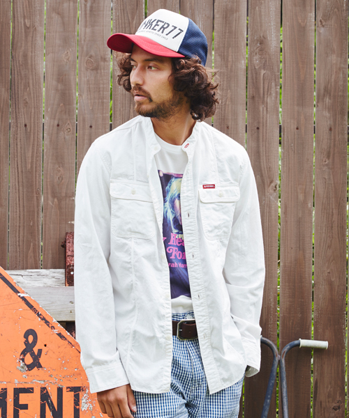 HYSTERIC GLAMOUR（ヒステリックグラマー）の「スタンドカラー長袖SH（シャツ/ブラウス・メンズ・ホワイト/インディゴブルー・SMALL/LARGE/MEDIUM）」の2枚目の写真