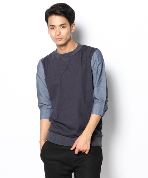 WHO'S WHO gallery（フーズフーギャラリー）の「袖シャンブレTシャツ（Tシャツ/カットソー・メンズ・ブラック/グレー/ネイビー/オフホワイト・MEDIUM/LARGE）」の2枚目の写真