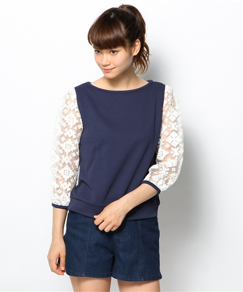 mystic(ミスティック)の「ワッフル袖オーガンジープルオーバー(Tシャツ/カットソー・レディース・ネイビー/ブラック/オフホワイト・フリ-)」の3枚目の写真