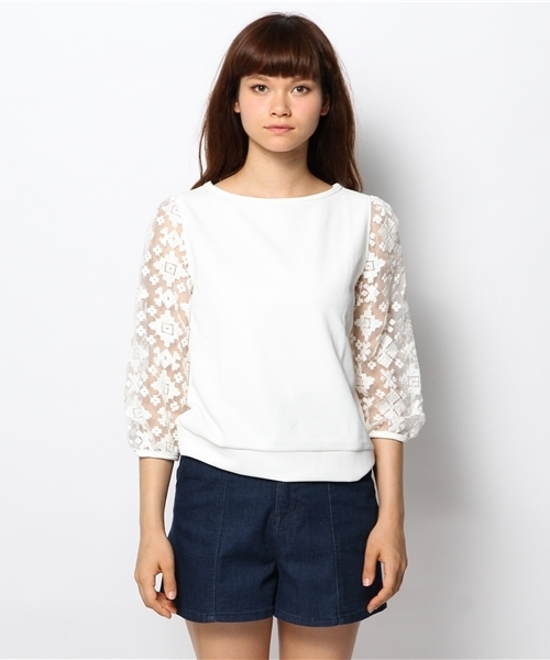 mystic(ミスティック)の「ワッフル袖オーガンジープルオーバー(Tシャツ/カットソー・レディース・ネイビー/ブラック/オフホワイト・フリ-)」の6枚目の写真