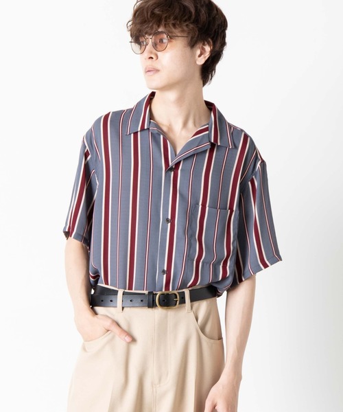 WEGO（ウィゴー）の「WEGO/マルチストライプ半袖開襟シャツ（シャツ/ブラウス・メンズ・ブルー系その他4/ブラウン系その他4・LARGE/MEDIUM）」の2枚目の写真