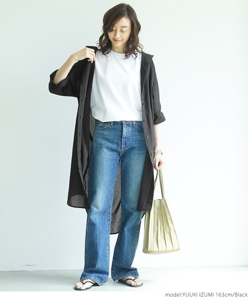 coca(coca)(コカ)の「ガーゼ素材シアーシャツワンピース(シャツワンピース・レディース・ブラック/ホワイト・ONE SIZE)」の12枚目の写真