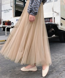 【裏地付き】ふんわりシフォンのシアーチュールスカート ロング フレア レディース