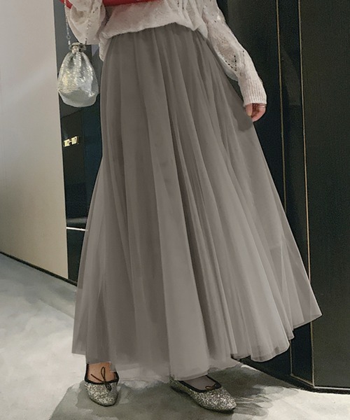 DAY CLOSET(デイ クローゼット)の「【裏地付き】ふんわりシフォンのシアーチュールスカート ロング フレア レディース(スカート・レディース・ブルー/ダークグレー/ライトグレー/アイボリー/ブラウン/パープル/ピンク/グレー/カーキ/ブラック/ホワイト/ベージュ/スモークピンク/ミント・ONE SIZE)」の6枚目の写真