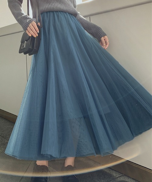 セール】【裏地付き】ふんわりシフォンのシアーチュールスカート