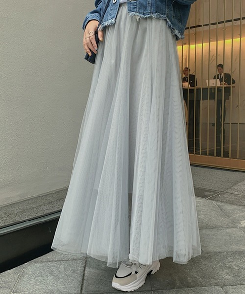DAY CLOSET(デイ クローゼット)の「【裏地付き】ふんわりシフォンのシアーチュールスカート ロング フレア レディース(スカート・レディース・ブルー/ダークグレー/ライトグレー/アイボリー/ブラウン/パープル/ピンク/グレー/カーキ/ブラック/ホワイト/ベージュ/スモークピンク/ミント・ONE SIZE)」の5枚目の写真
