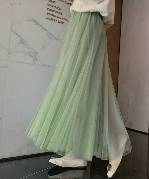 DAY CLOSET(デイ クローゼット)の「【裏地付き】ふんわりシフォンのシアーチュールスカート ロング フレア レディース(スカート・レディース・ブルー/ダークグレー/ライトグレー/アイボリー/ブラウン/パープル/ピンク/グレー/カーキ/ブラック/ホワイト/ベージュ/スモークピンク/ミント・ONE SIZE)」の10枚目の写真