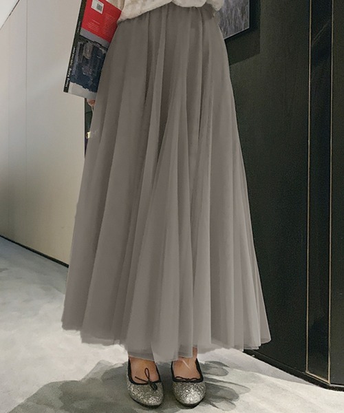 DAY CLOSET(デイ クローゼット)の「【裏地付き】ふんわりシフォンのシアーチュールスカート ロング フレア レディース(スカート・レディース・ブルー/ダークグレー/ライトグレー/アイボリー/ブラウン/パープル/ピンク/グレー/カーキ/ブラック/ホワイト/ベージュ/スモークピンク/ミント・ONE SIZE)」の16枚目の写真