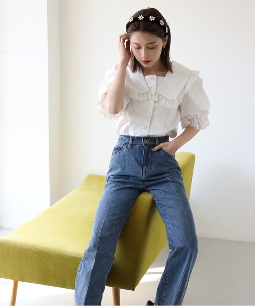 one after another NICE CLAUP（ワンアフターアナザーナイスクラップ）の「フレアデニムパンツ（デニムパンツ・レディース・サックスブルー/インディゴブルー/ブルー・SMALL/MEDIUM）」の6枚目の写真