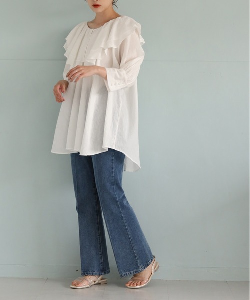 one after another NICE CLAUP（ワンアフターアナザーナイスクラップ）の「フレアデニムパンツ（デニムパンツ・レディース・サックスブルー/インディゴブルー/ブルー・SMALL/MEDIUM）」の10枚目の写真