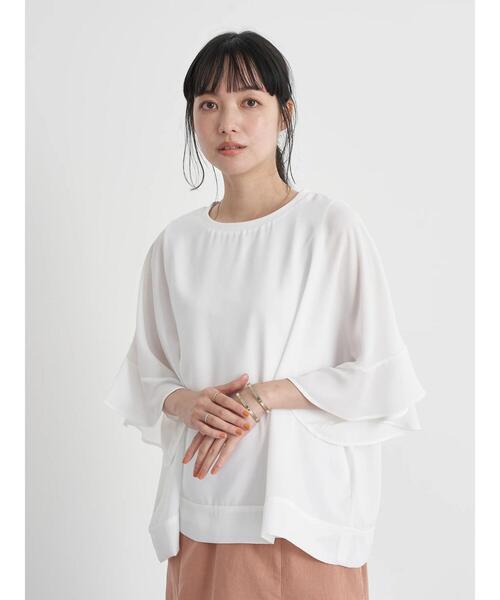 earth music&ecology（アースミュージックアンドエコロジー）の「袖フリルシアープルオーバー ＊（Tシャツ/カットソー・レディース・オフホワイト/サックスブルー/グレイッシュベージュ/ピンクベージュ・FREE）」の5枚目の写真