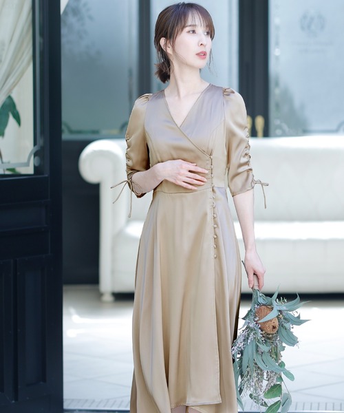 PourVous(プールヴー)の「ひざ丈&七分袖 フォーマル シャーリング お呼ばれ 結婚式 パーティー ドレス オケージョンドレス 二次会 成人式 同窓会 謝恩会 20代 30代(ドレス・レディース・ベージュ/オリーブ/ブルーグレー/テラコッタ・S/M)」の21枚目の写真