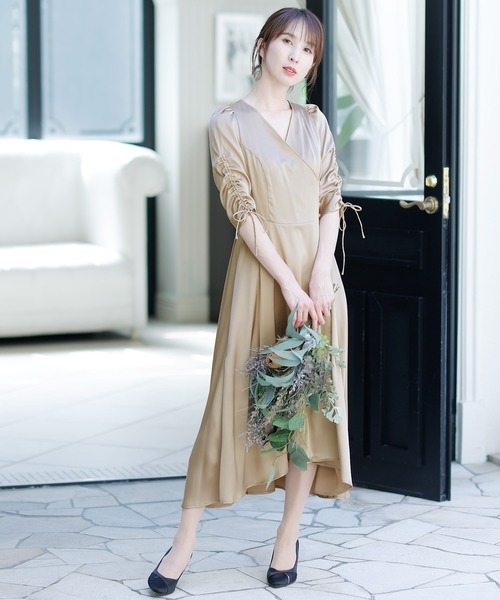 PourVous(プールヴー)の「ひざ丈&七分袖 フォーマル シャーリング お呼ばれ 結婚式 パーティー ドレス オケージョンドレス 二次会 成人式 同窓会 謝恩会 20代 30代(ドレス・レディース・ベージュ/オリーブ/ブルーグレー/テラコッタ・S/M)」の22枚目の写真