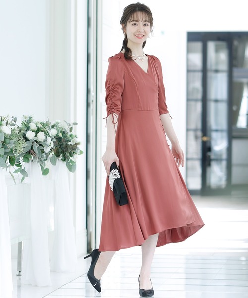 PourVous(プールヴー)の「ひざ丈&七分袖 フォーマル シャーリング お呼ばれ 結婚式 パーティー ドレス オケージョンドレス 二次会 成人式 同窓会 謝恩会 20代 30代(ドレス・レディース・ベージュ/オリーブ/ブルーグレー/テラコッタ・S/M)」の7枚目の写真