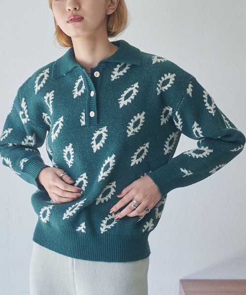 VACANCY（ヴァカンシー）の「ジャガード柄ポロニット（ニット/セーター・レディース・ブラック/グリーン/ナチュラル・FREE）」の22枚目の写真