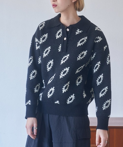 VACANCY（ヴァカンシー）の「ジャガード柄ポロニット（ニット/セーター・レディース・ブラック/グリーン/ナチュラル・FREE）」の5枚目の写真