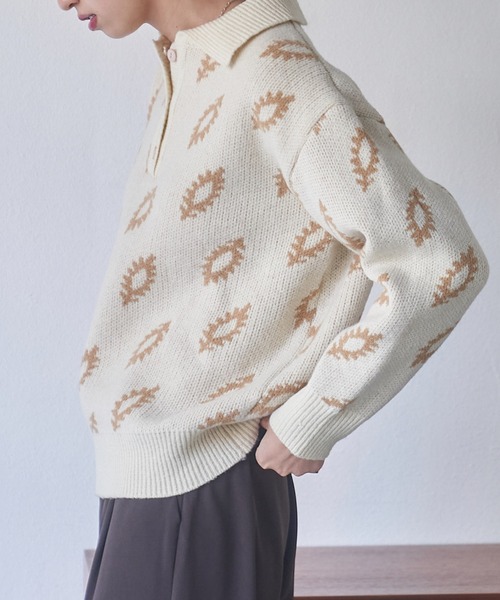 VACANCY（ヴァカンシー）の「ジャガード柄ポロニット（ニット/セーター・レディース・ブラック/グリーン/ナチュラル・FREE）」の13枚目の写真