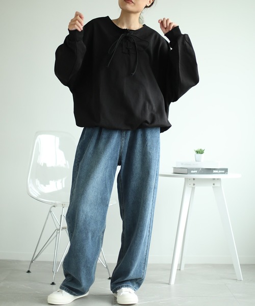 aimoha（アイモハ）の「レトロ調カジュアルオーバースウェット（スウェット・レディース・ブラック/グレー・FREE）」の9枚目の写真