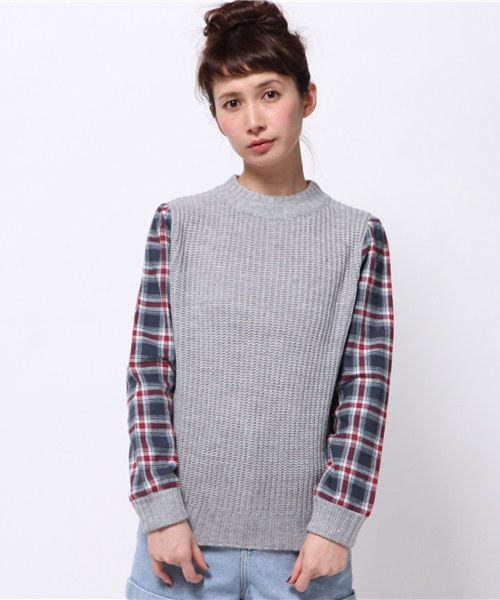 natural couture（ナチュラルクチュール）の「【natural couture NICE CLAUP】チェック袖ニット（ニット/セーター・レディース・ネイビー/アイボリー/グレー・FREE）」の3枚目の写真