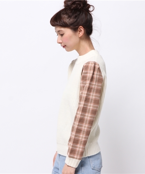 natural couture（ナチュラルクチュール）の「【natural couture NICE CLAUP】チェック袖ニット（ニット/セーター・レディース・ネイビー/アイボリー/グレー・FREE）」の6枚目の写真